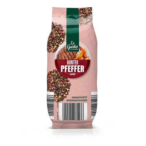 Vue de face 1, Poivre en sachet, poivre coloré entier