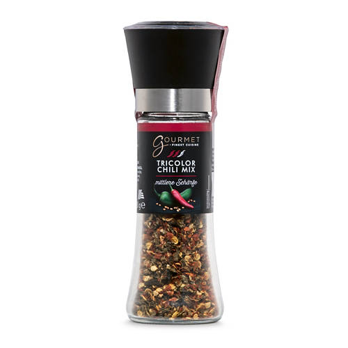 Vorderansicht 1, Chili-Gewürzmühle, Tricolor Chili-Mix