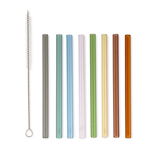 Vue de face 1, Pailles en verre, droites, courtes, multicolores