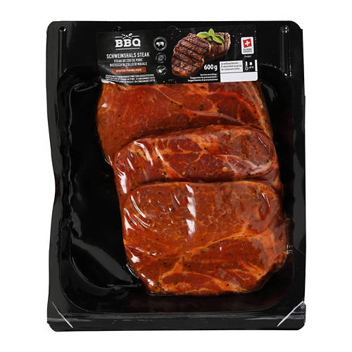Vorderansicht 2, Schweinssteaks, gewürzt