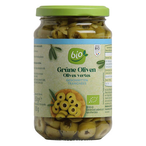 Vista frontale 1, Olive ripiene greche BIO, tagliate