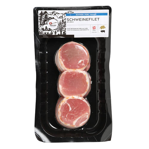 Vorderansicht 2, Schweinsfilet-Médaillon-Spiess mit Speck