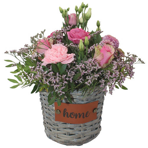 Vue de face 1, Arrangement pour la fête des mères, corbeille d'écorce jaune