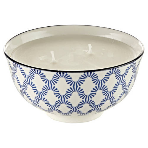 Vorderansicht 1, Kerze in Mediterraner Schale, Blaues Muster, Warmer Tag