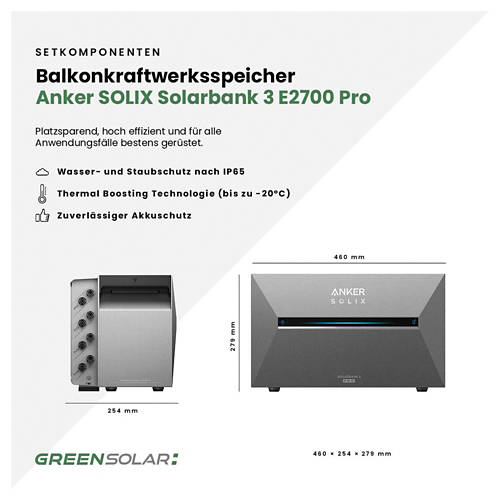 Vorderansicht 2, Mini-PV-Anlage 3.000 W mit 2,67 kWh Anker Solix 3 Speicher