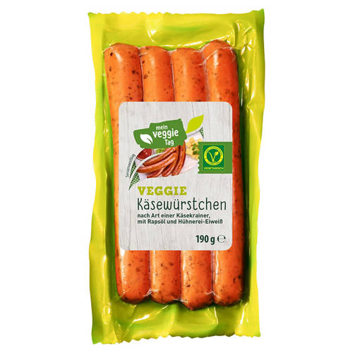 Vorderansicht 1, MEIN VEGGIE TAG Vegane Grillwürste 190 g, Käsekrainer