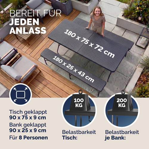 Details 1, Klapptisch mit 2 Klappbänken im Rattan-Look