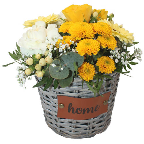 Vue de face 1, Arrangement pour la fête des mères, corbeille d'écorce orange