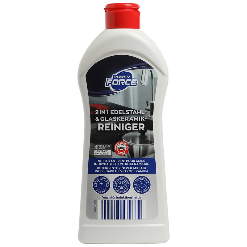 POWER FORCE Detergente 2 in 1 per acciaio inossidabile e vetro, 300 ml