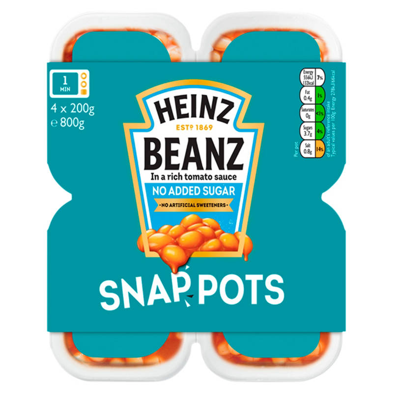 HEINZ No Added Sugar Beanz in a Rich Tomato Sauce Snap Pots 4 Pack 800 g