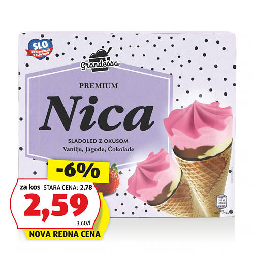 korneti nica, jagoda-vanilija-čokolada, grandessa, 720ml