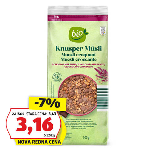bio hrustljav muesli, čoko-amarant