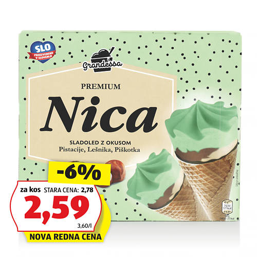 korneti nica, pistacija lešnik-piškotek, grandessa, 720ml
