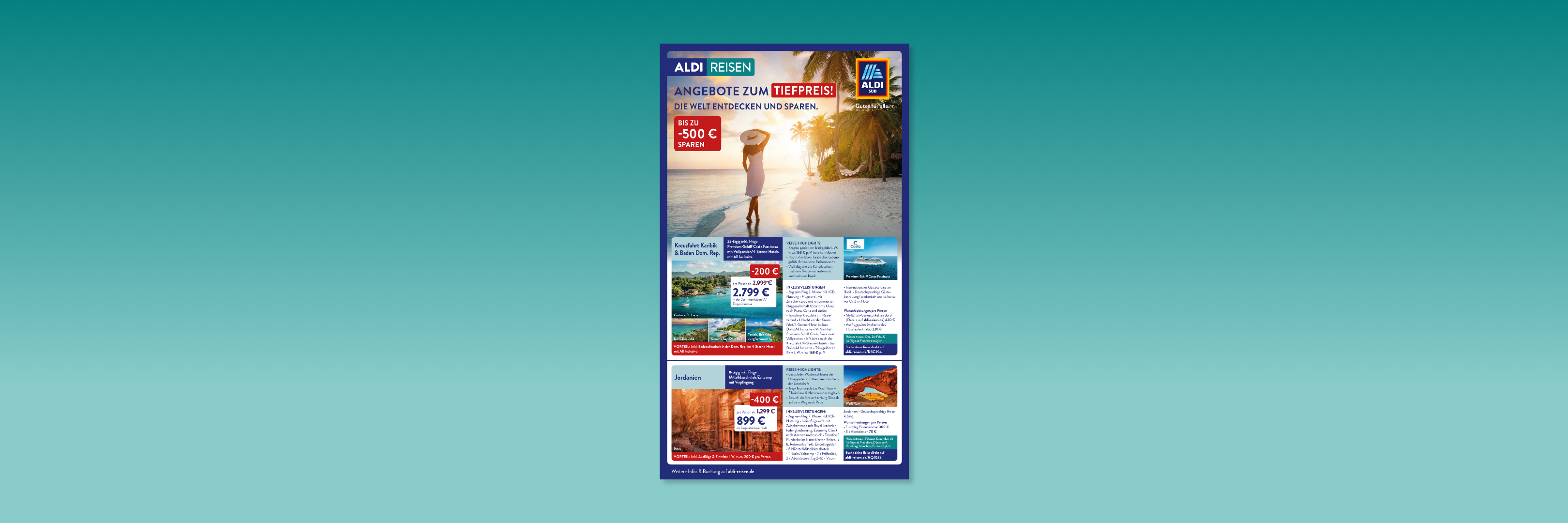 Aldi Reisen Strandkulissen-Plakat mit Frau