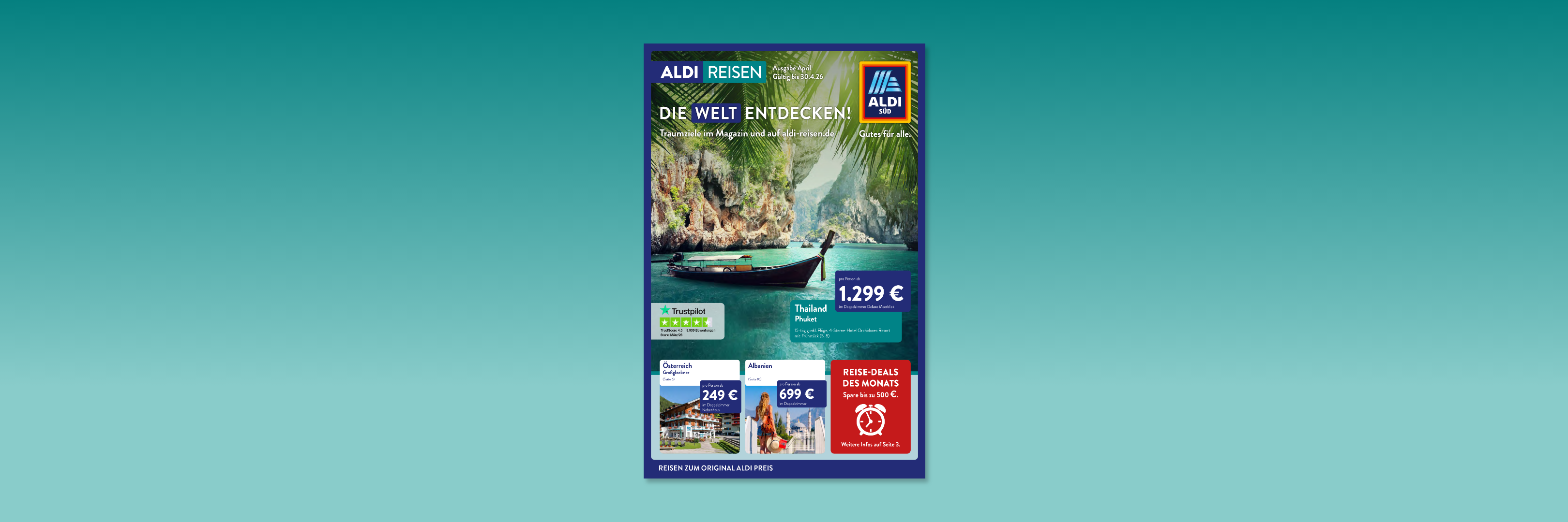 Aldi Reisen Longtail Boot im Meer vor Felsen 