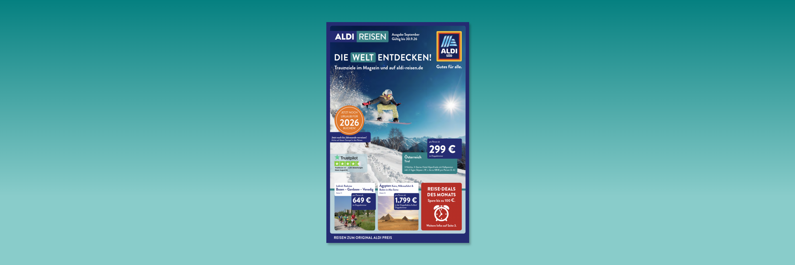 Aldi Reisen Snowboarderin mit Sprung in den Schnee