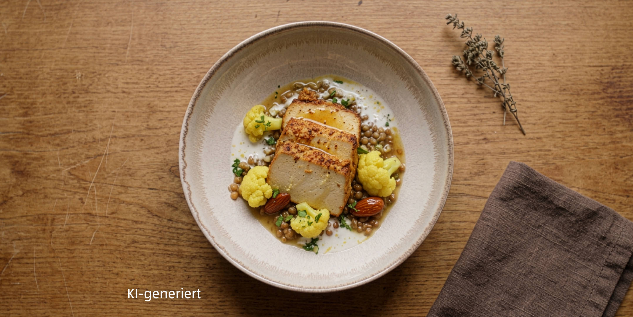 KI-generiert – Serviervorschlag: Berglinsen-Risotto mit Kurkuma-Blumenkohl, Ahornsirup-Tofu und cremiger Kefir-Sauce
