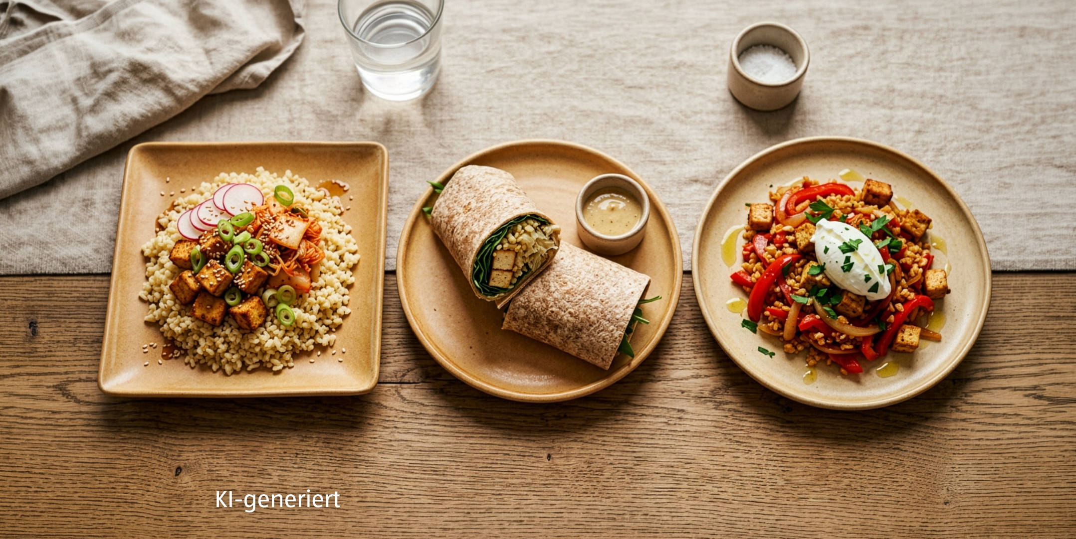 KI-generiert – Serviervorschlag: Bulgur-Tofu-Basis mit Kimchi, Sauerkraut und Joghurt