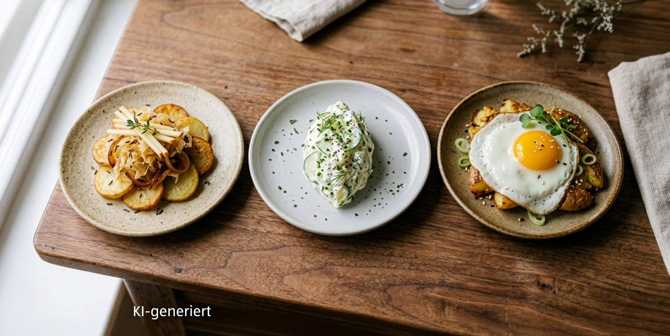KI-generiert – Serviervorschlag: Kartoffel-Basis mit Sauerkraut, Kefir und Kimchi