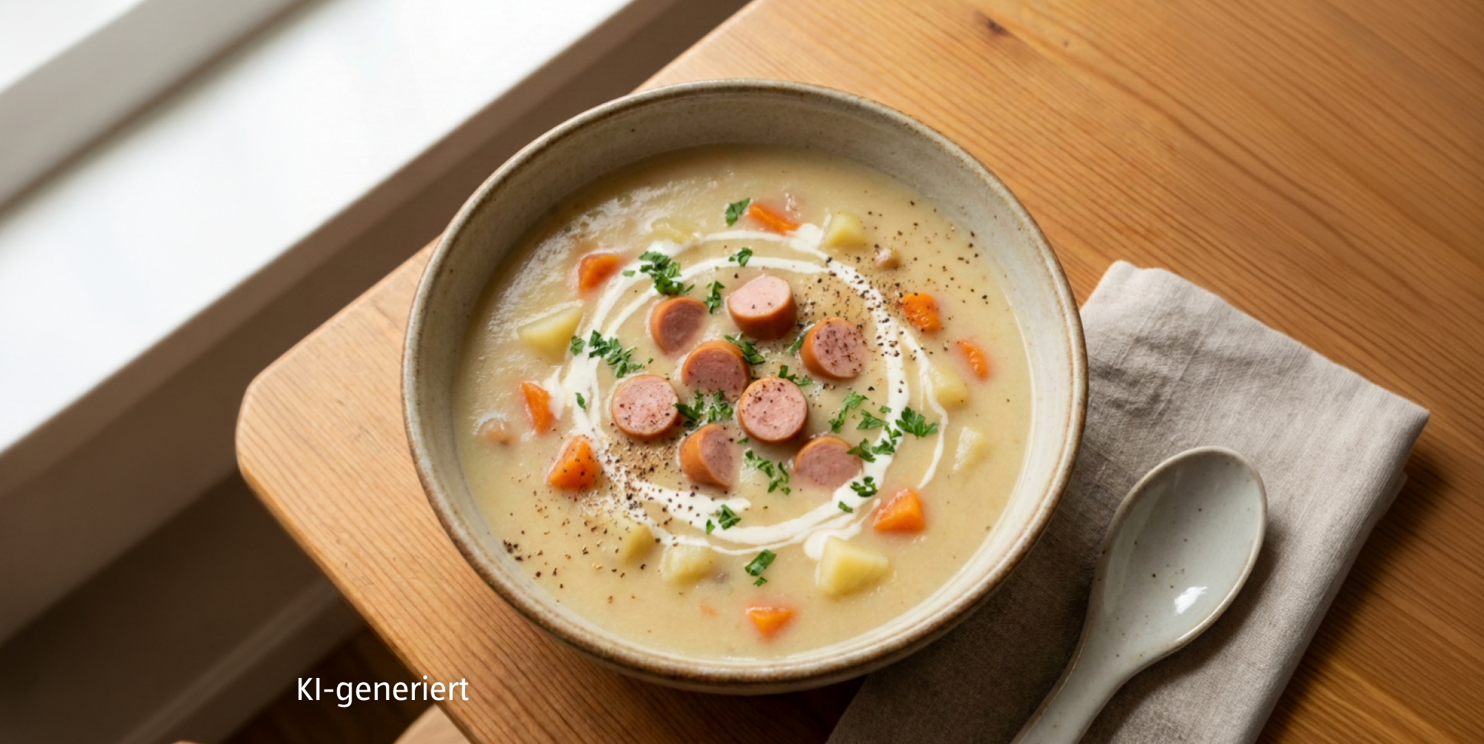 KI-generiert - Serviervorschlag: Kartoffelsuppe mit Bio-Wienerle