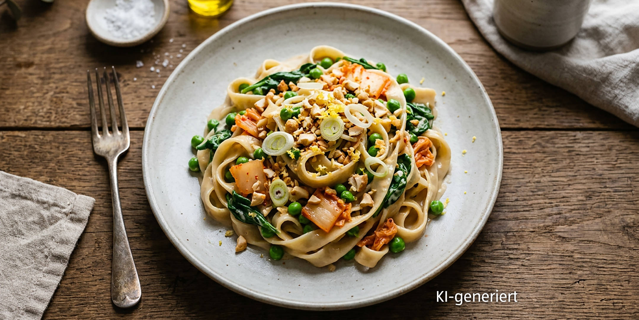 KI-generiert Serviervorschlag: Cremige Kimchi-Nudeln mit Erbsen und Cashews