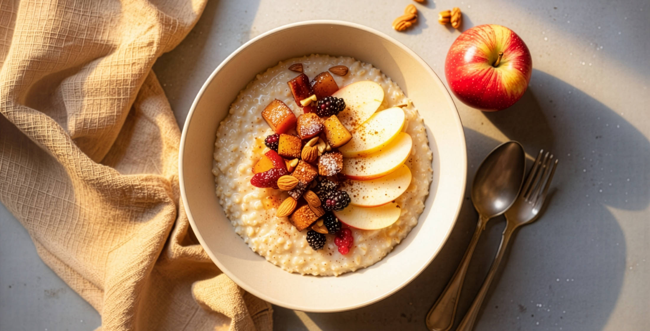 Serviervorschlag: Emmerflocken-Porridge mit Apfel