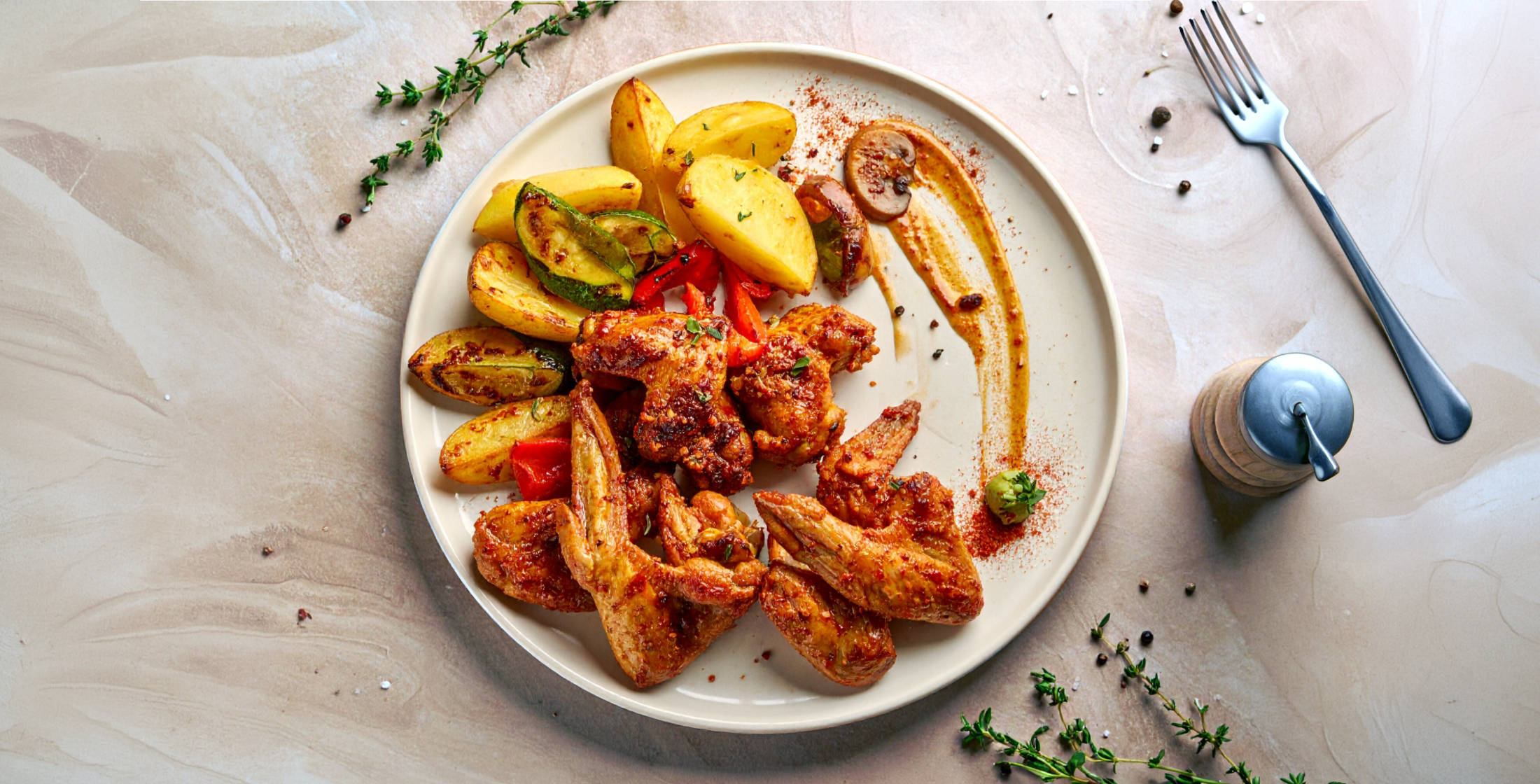 Serviervorschlag: NUR NUR NATUR Landhähnchen-Flügel mit Paprika & Kartoffeln