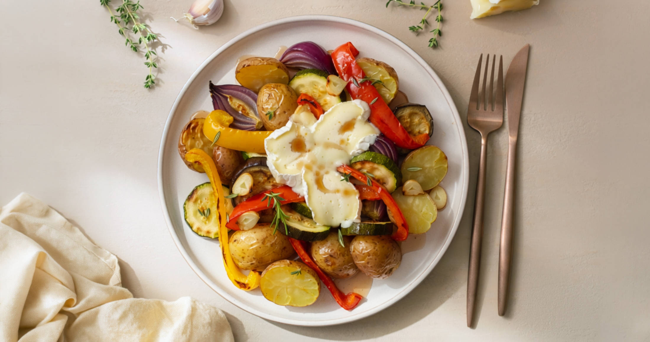 Serviervorschlag: Ofen-Gemüse mit NUR NUR NATUR Bergbauern Weichkäse