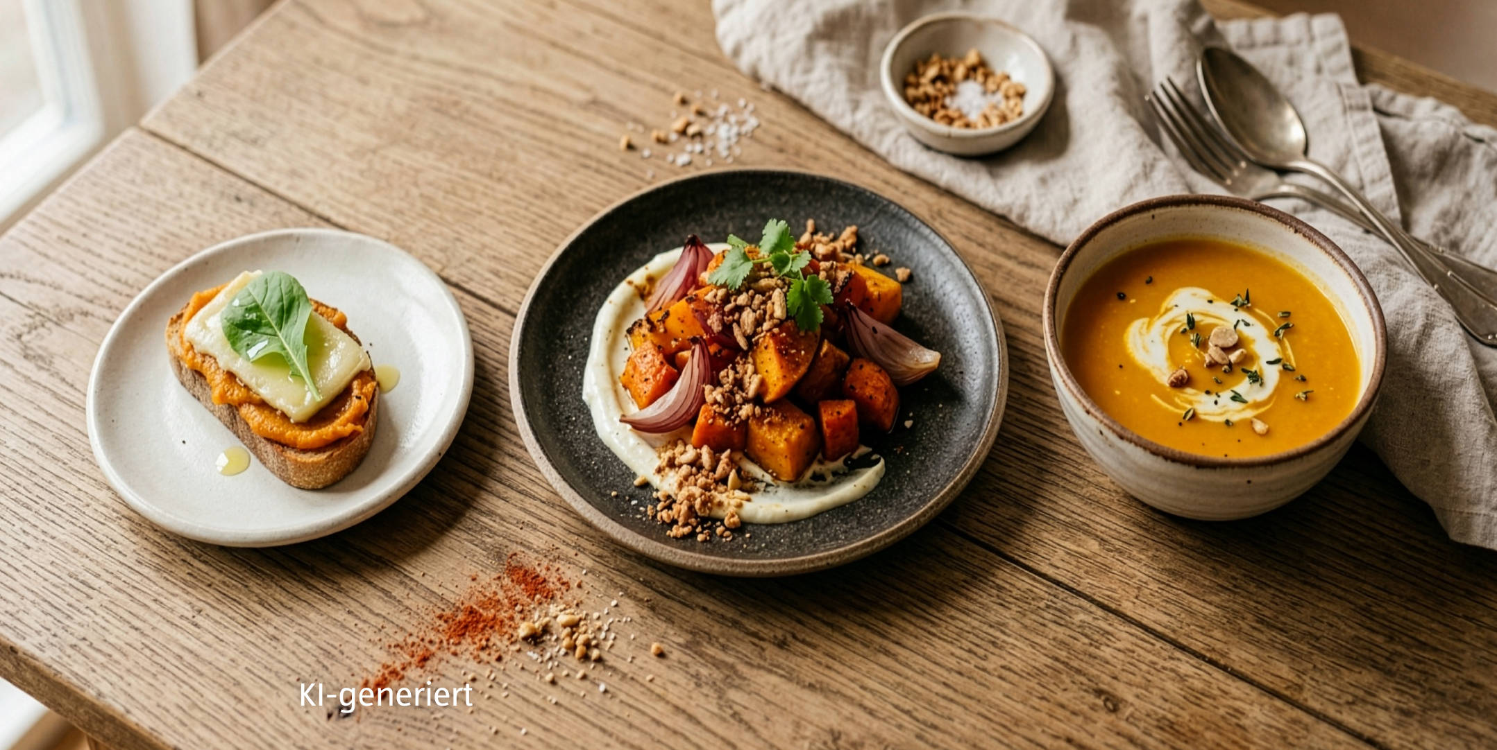 KI-generiert – Serviervorschlag: Ofengemüse-Basis mit Joghurt, Bergkäse und Kefir