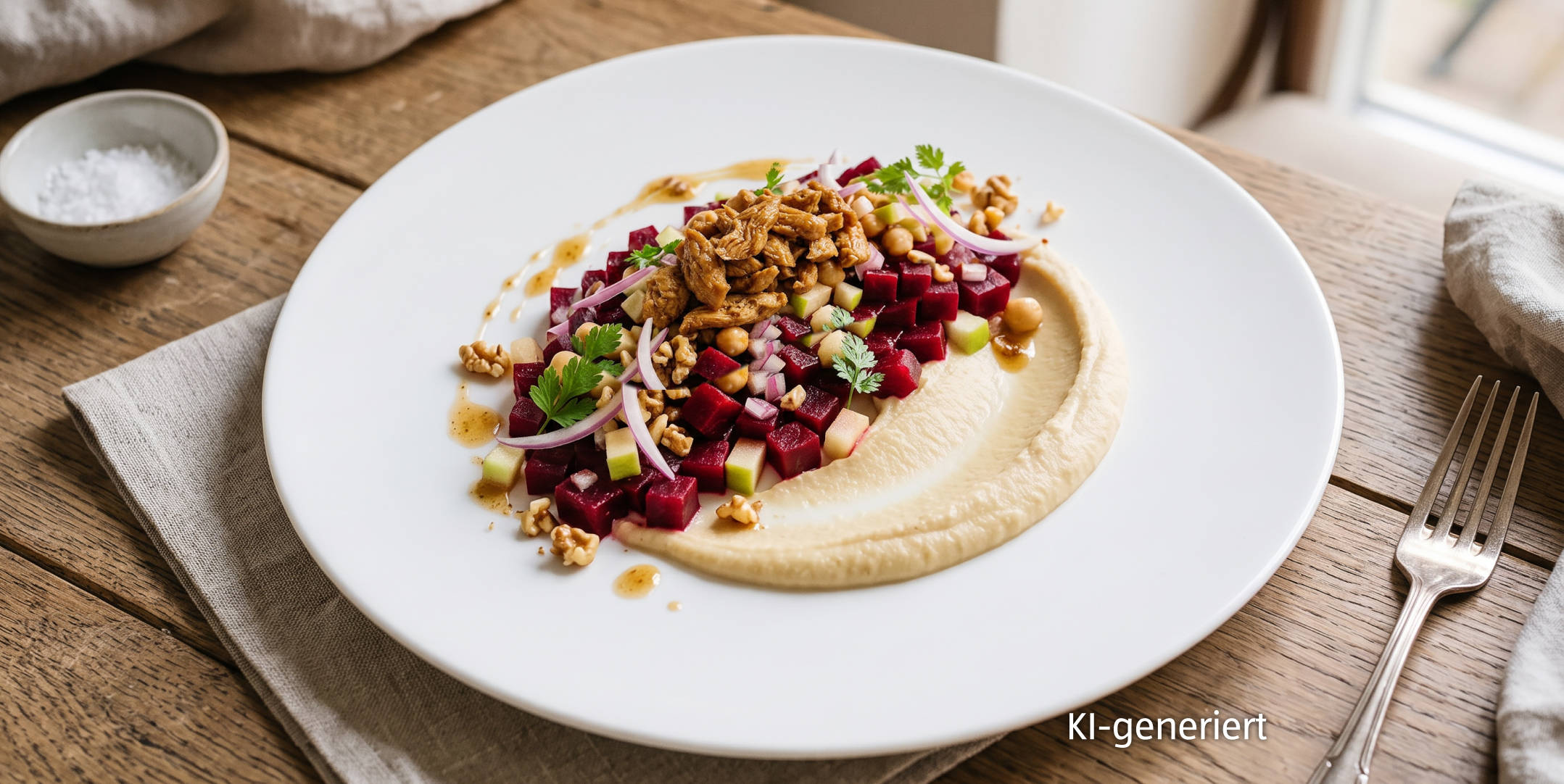 KI-generiert Serviervorschlag: Sauerkraut-Salat mit Kidneybohnen und Apfel