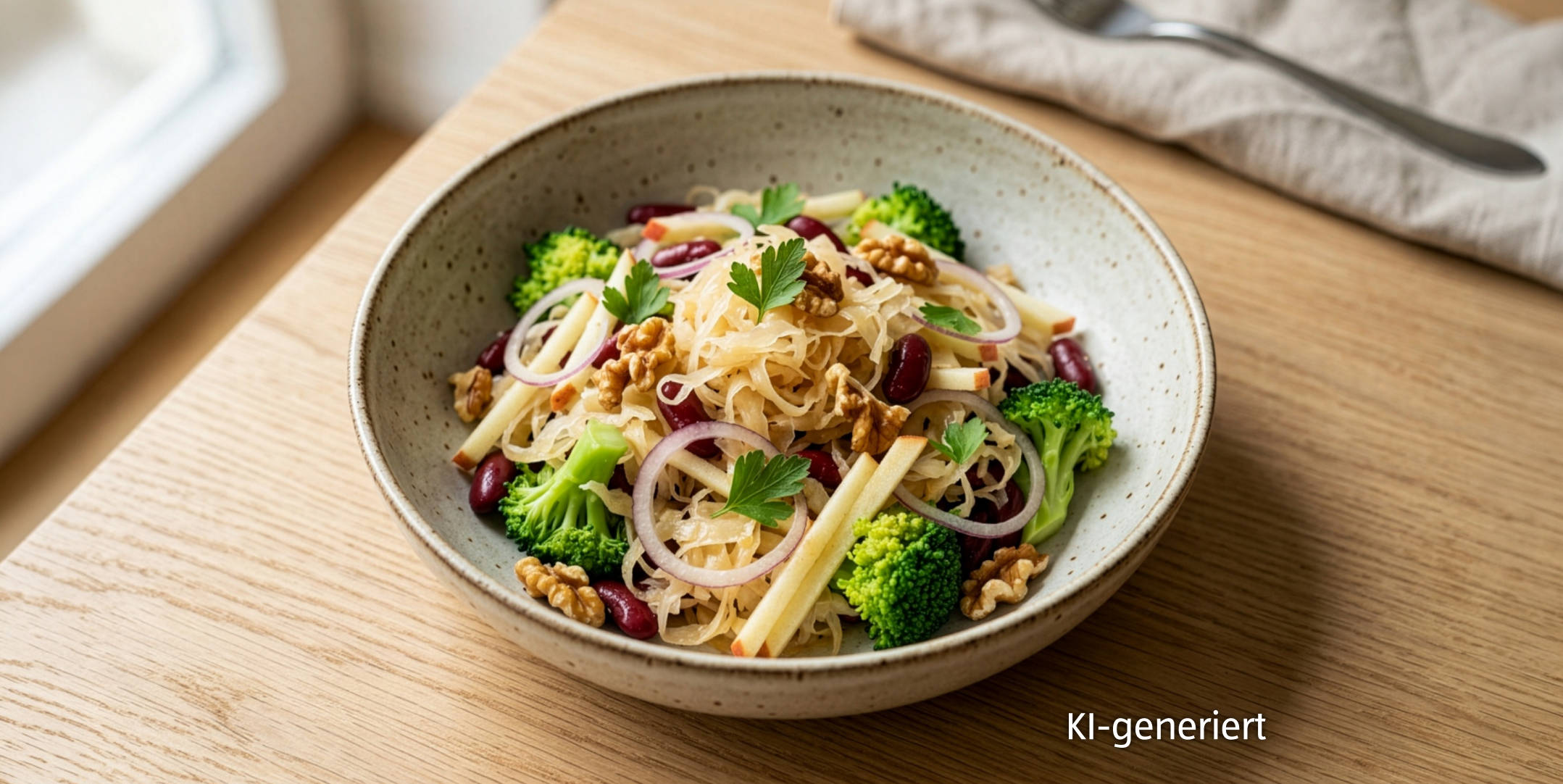 KI-generiert Serviervorschlag: Sauerkraut-Salat mit Kidneybohnen und Apfel