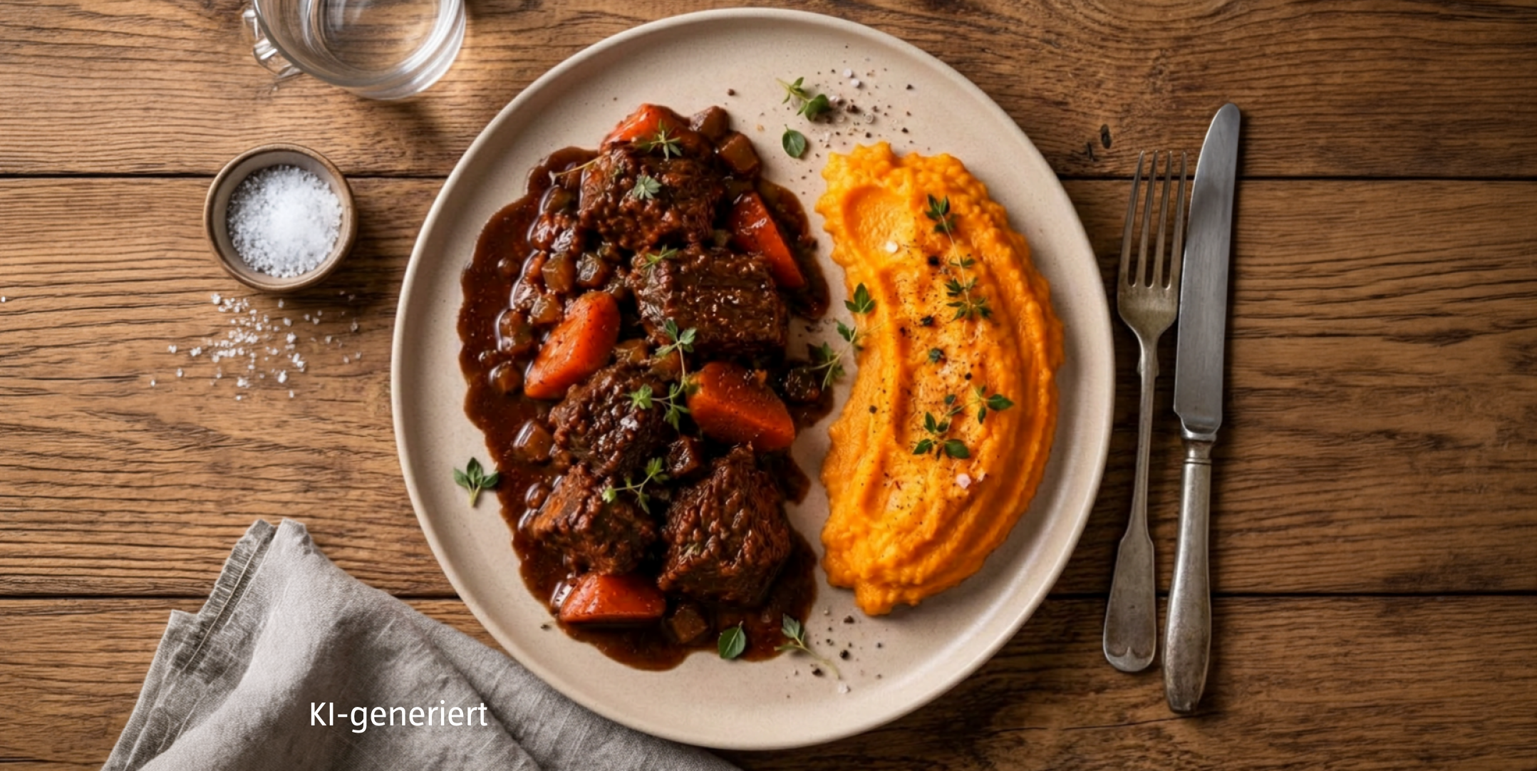 KI-generiert - Serviervorschlag: Rinder-Gulasch mit Karotten-Sahne-Mus und gebratenen Champignons