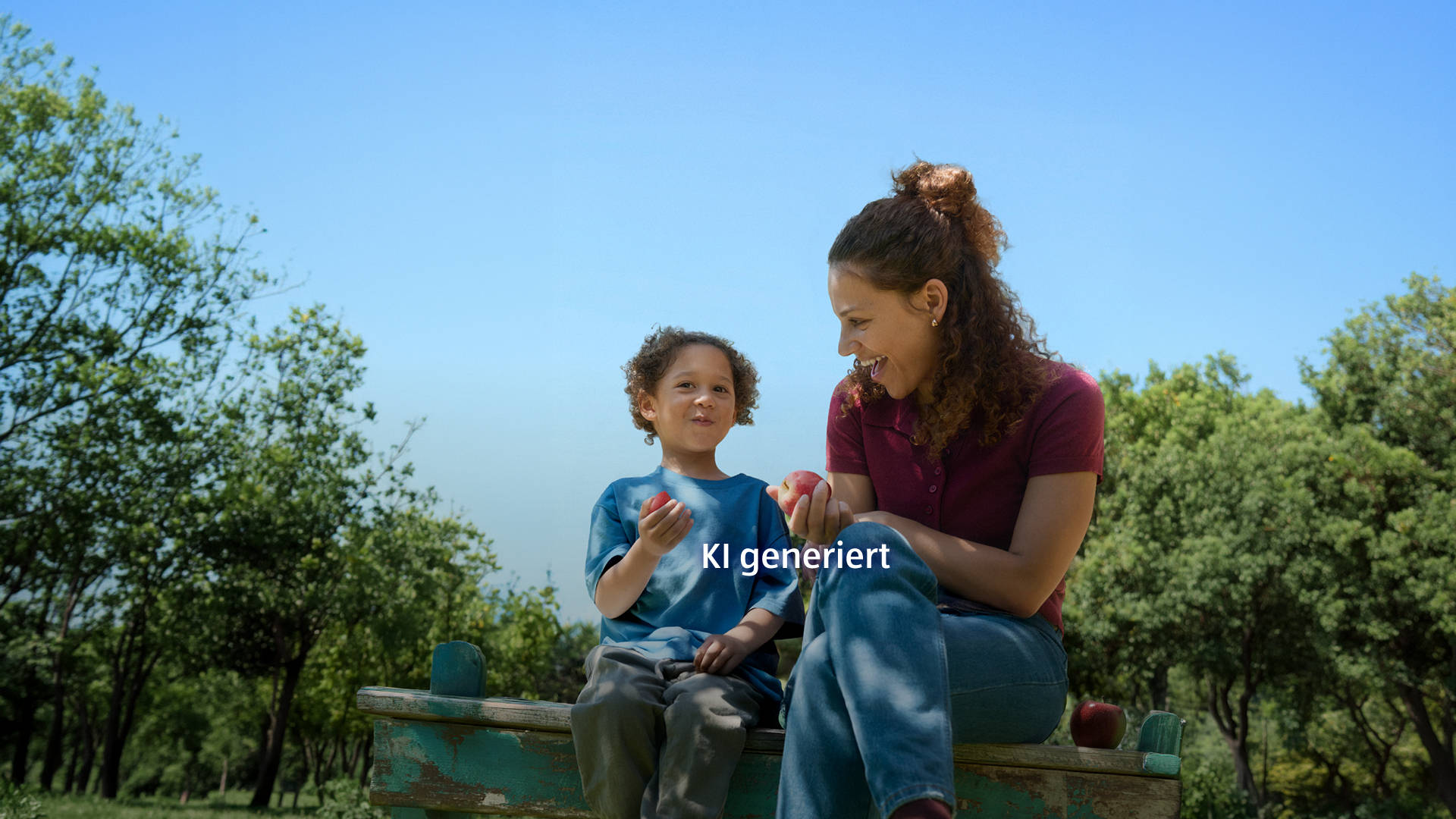 Frau sitzt mit Kind auf einer Bank