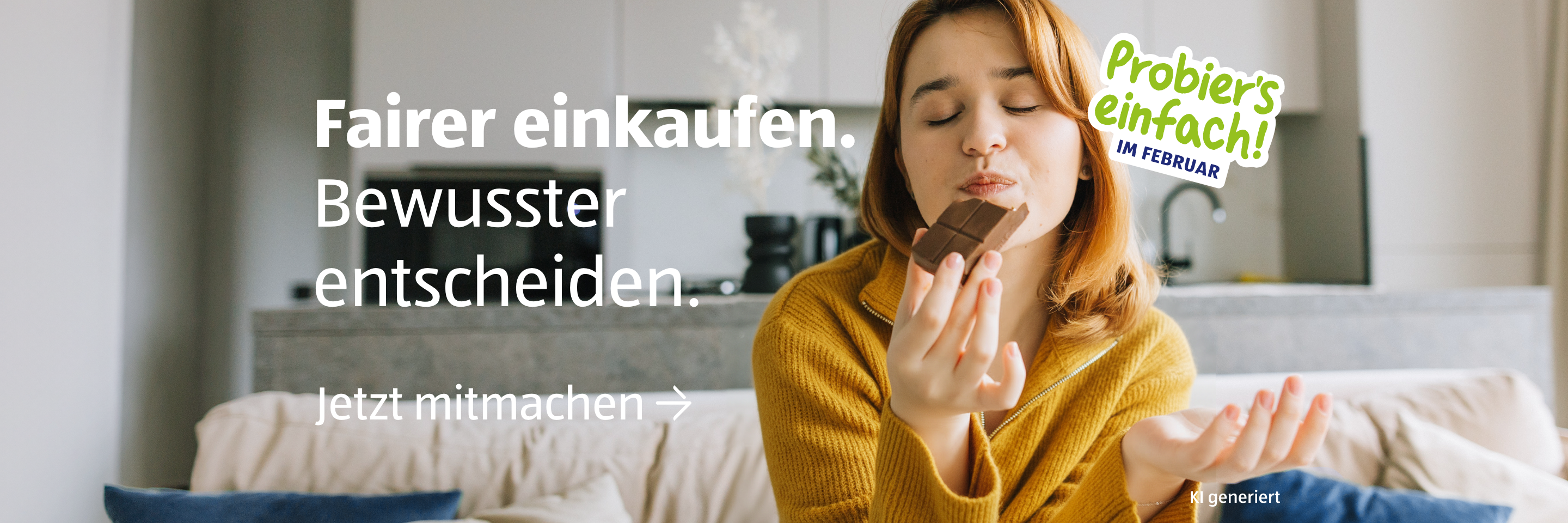 Frau im gelben Pulli isst einen Schokoriegel.