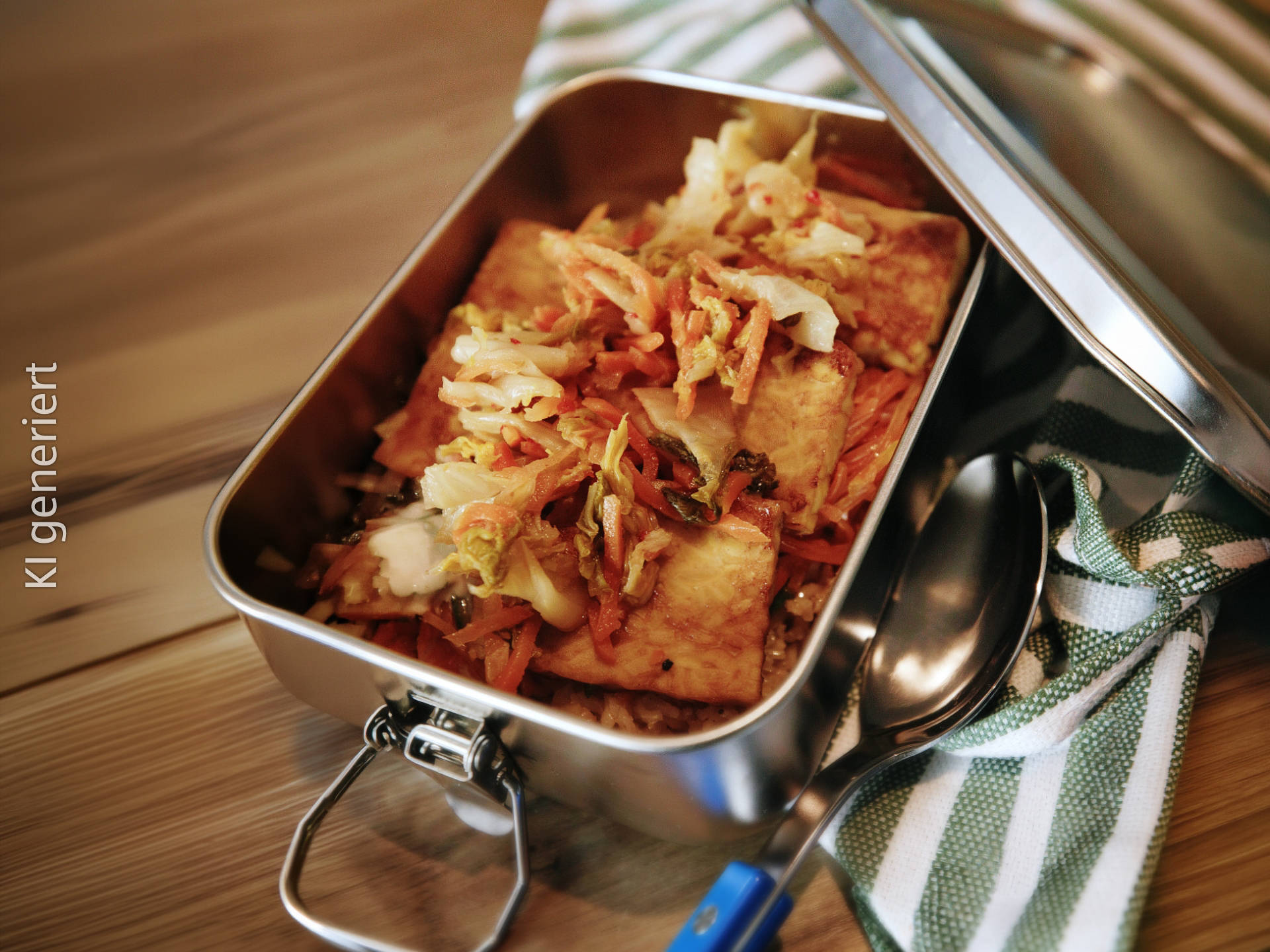 Serviervorschlag: Tempeh-Reis-Bowl mit Kimchi und Joghurt 