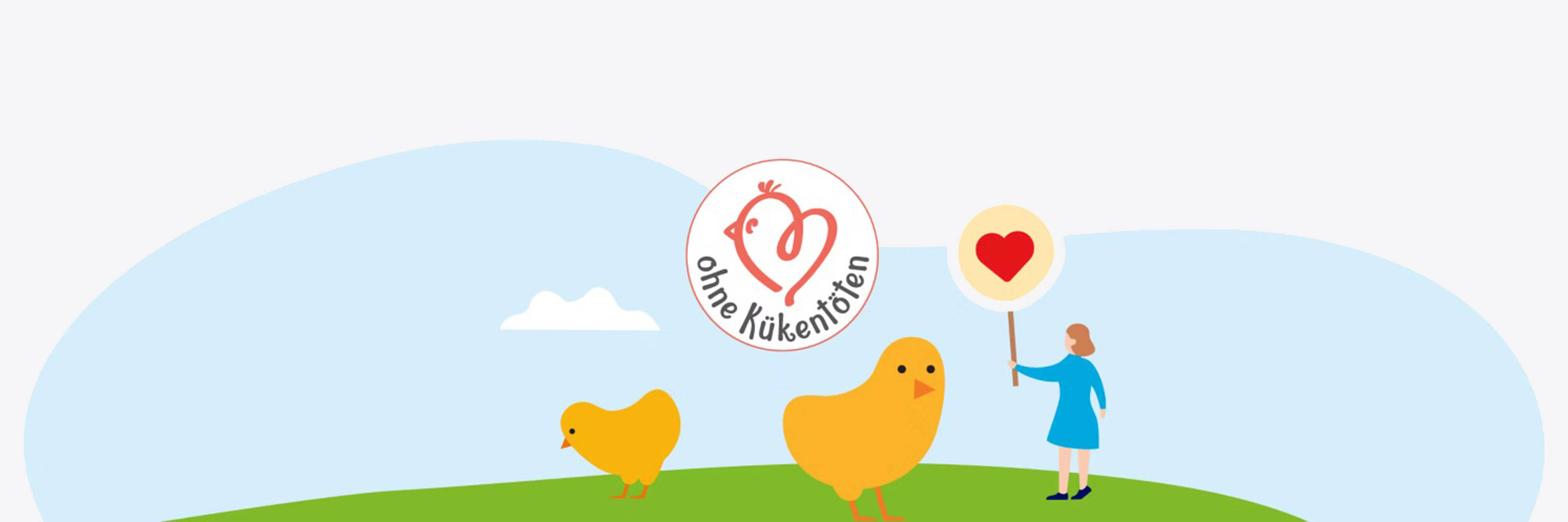 Grafik von zwei Küken über ihnen ist ein Störer mit der Aufschrift "Ohne Kükentöten". 
