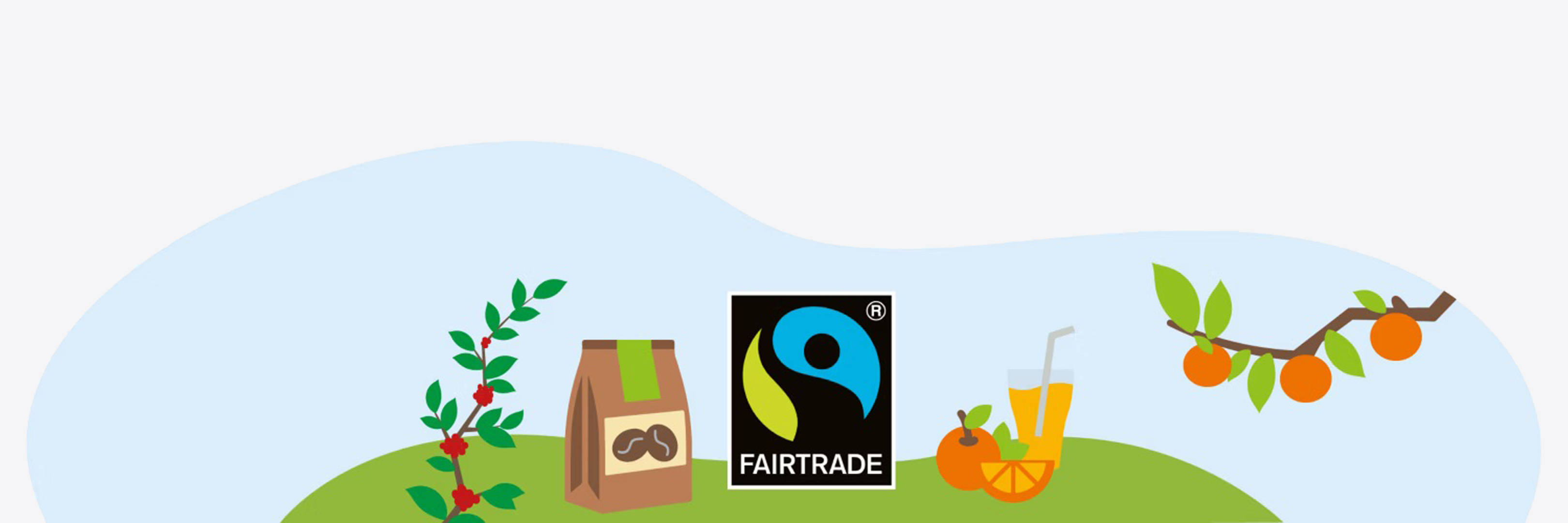 Fairtrade Grafik mit dem Fairtrade Logo in der Mitte und außenrum eine Kaffee Verpackung und ein Glas Orangensaft.