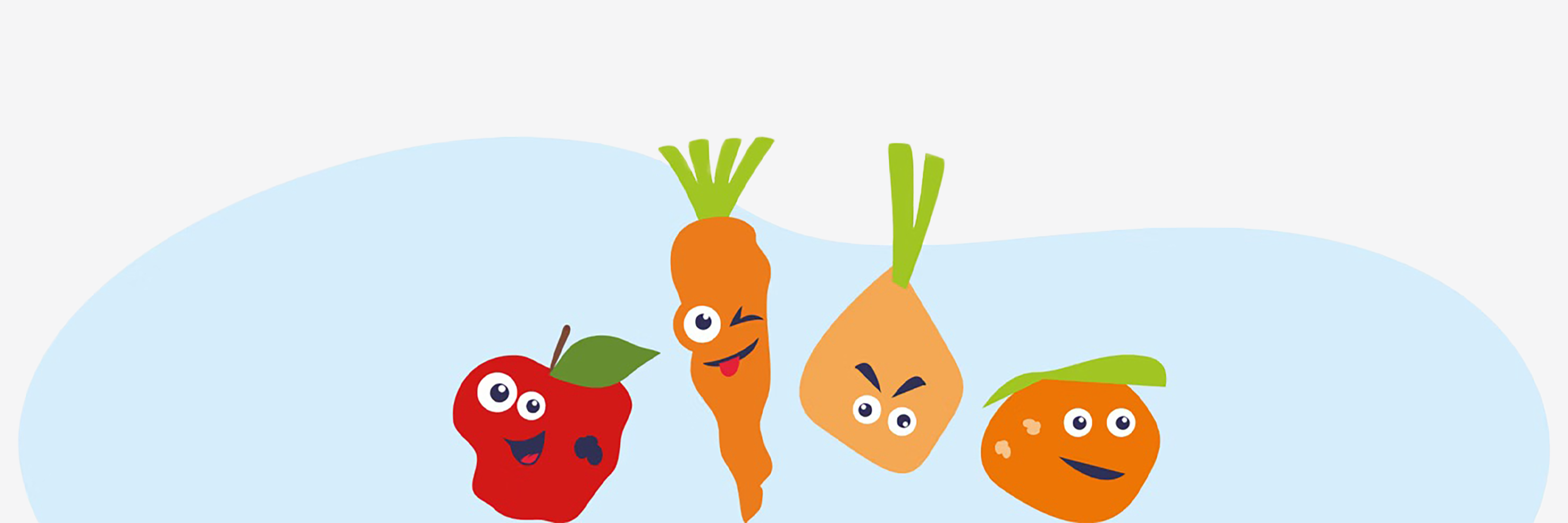  Grafik von lustigem Gemüse und Obst mit Gesichtern.