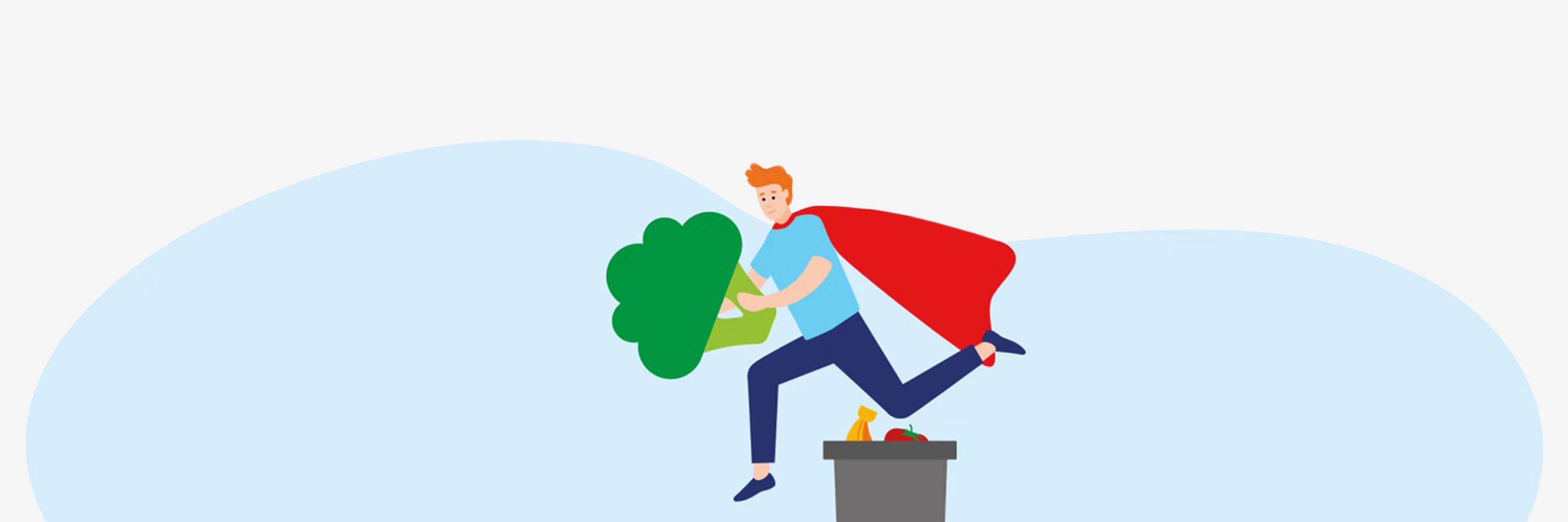 Eine Grafik eines jungen Mannes, der mit Superheldenumhang einen Brokkoli vor der Mülltonne rettet.