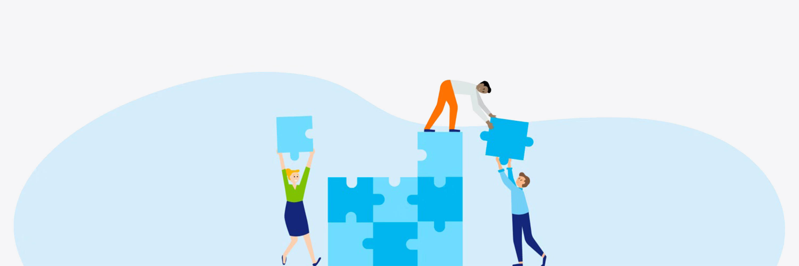 Illustration von drei Menschen, die zusammen große Puzzleteile stapeln, um daraus ein Quadrat zu formen.