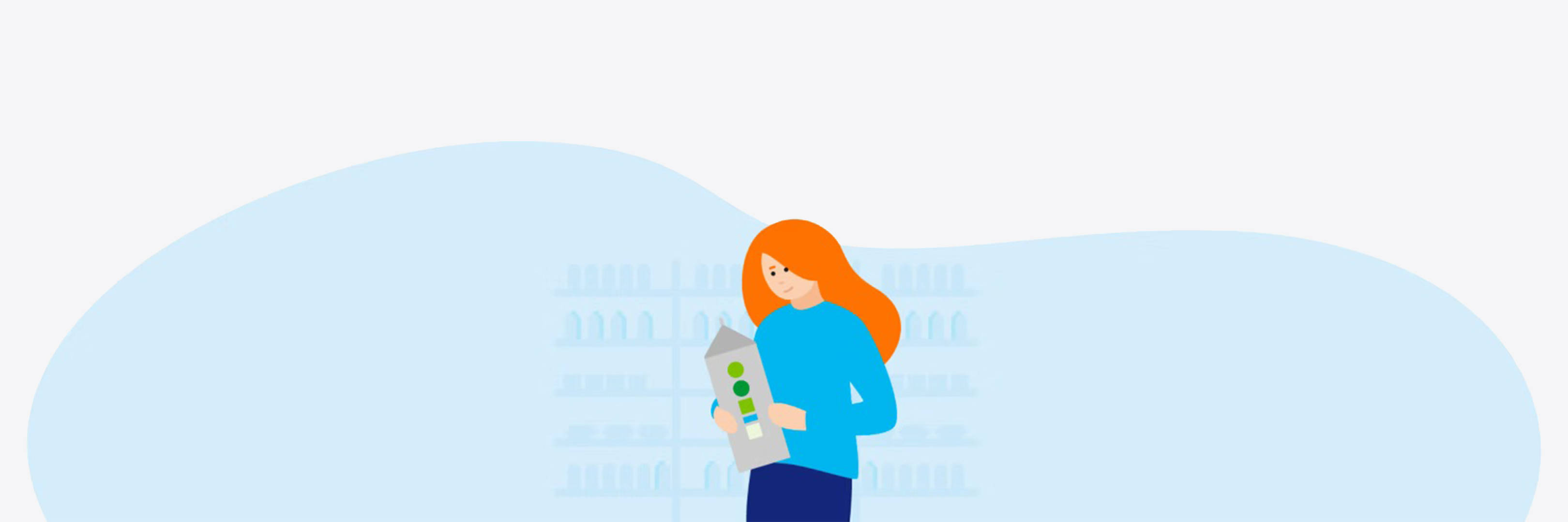 Grafik einer Frau, die eine Milchpackung vor Regalen betrachtet.