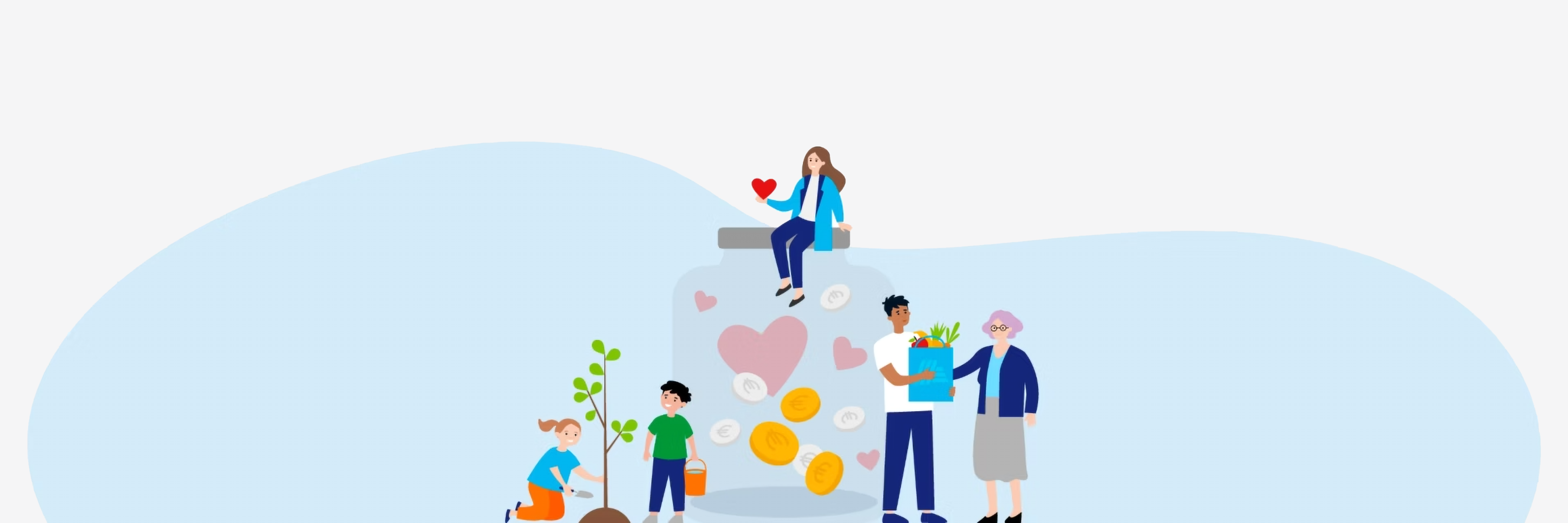 Eine Grafik mit Menschen, die einander helfen, mit einem großen Sparschwein in der Mitte.