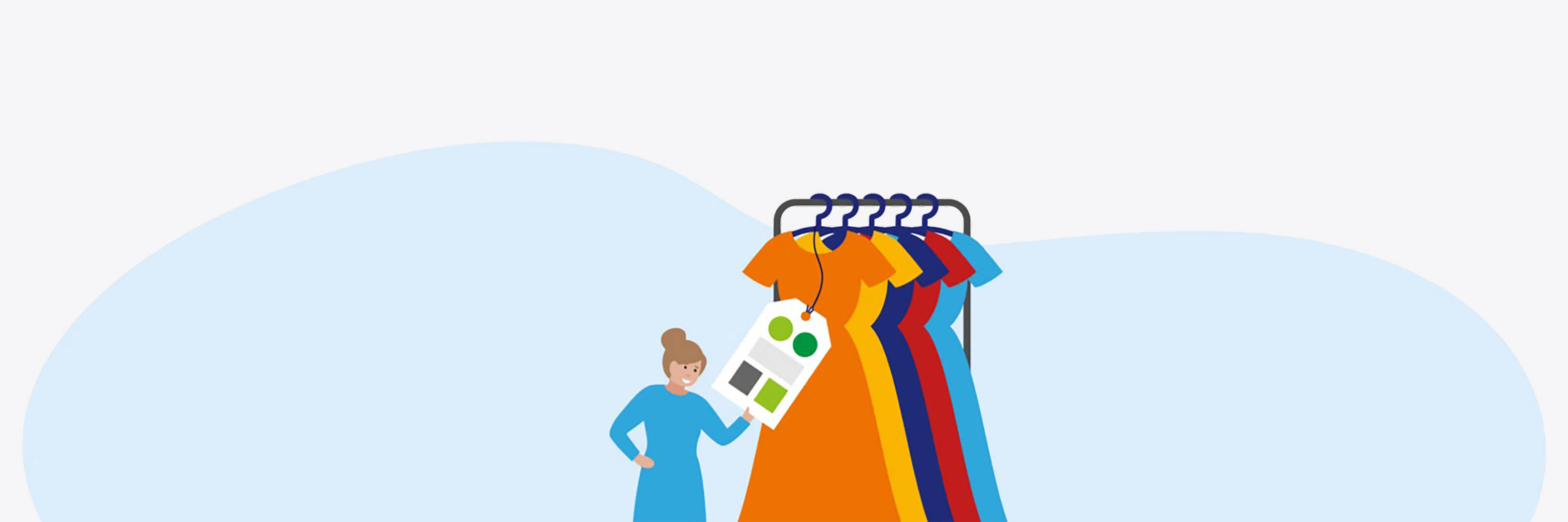 Grafik Frau liest Nachhaltigkeitssiegel an Kleidern.