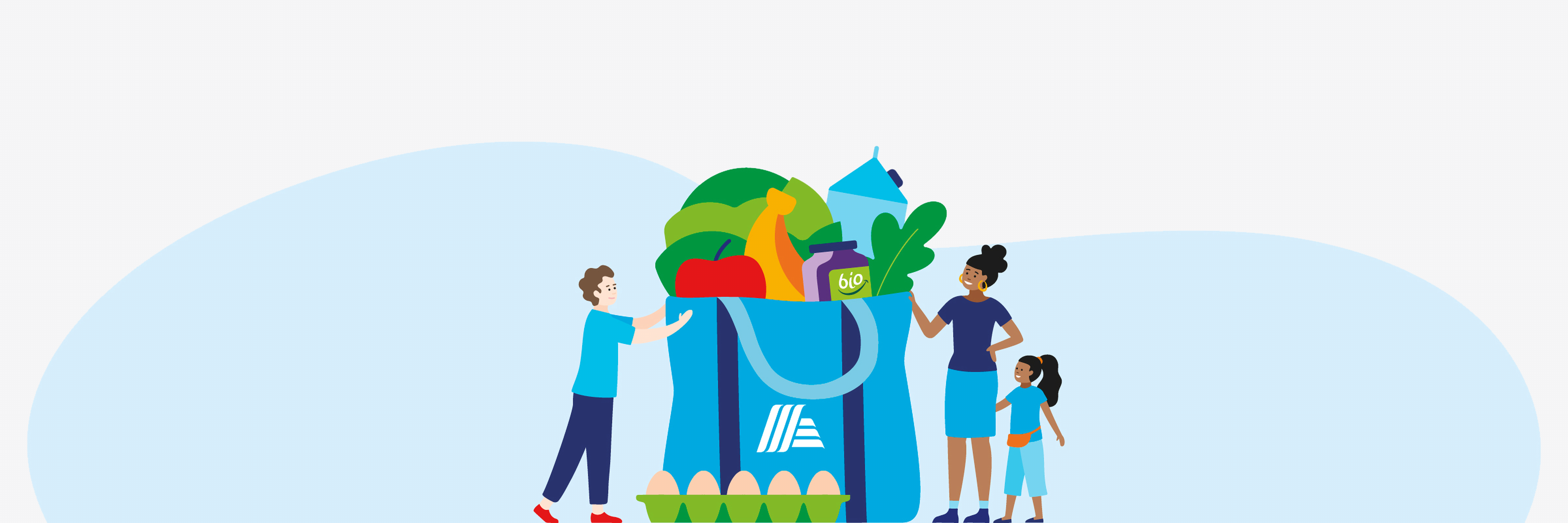 Eine Grafik einer ALDI SÜD Einkaufstasche, gefüllt mit Bio-Lebensmitteln.