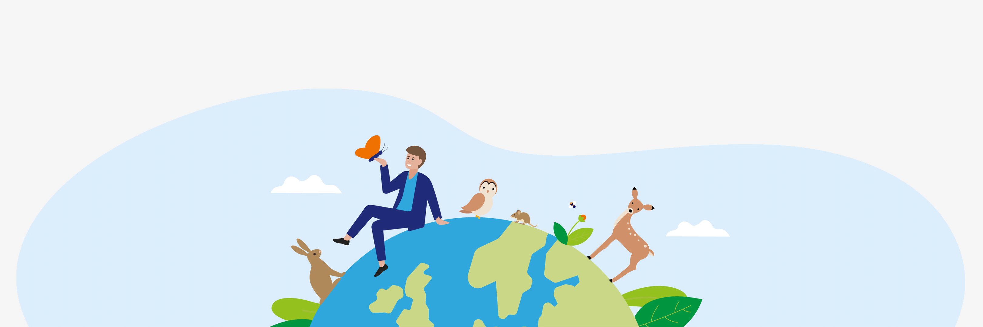 Mann sitzt mit Tieren des Waldes auf der Weltkugel.