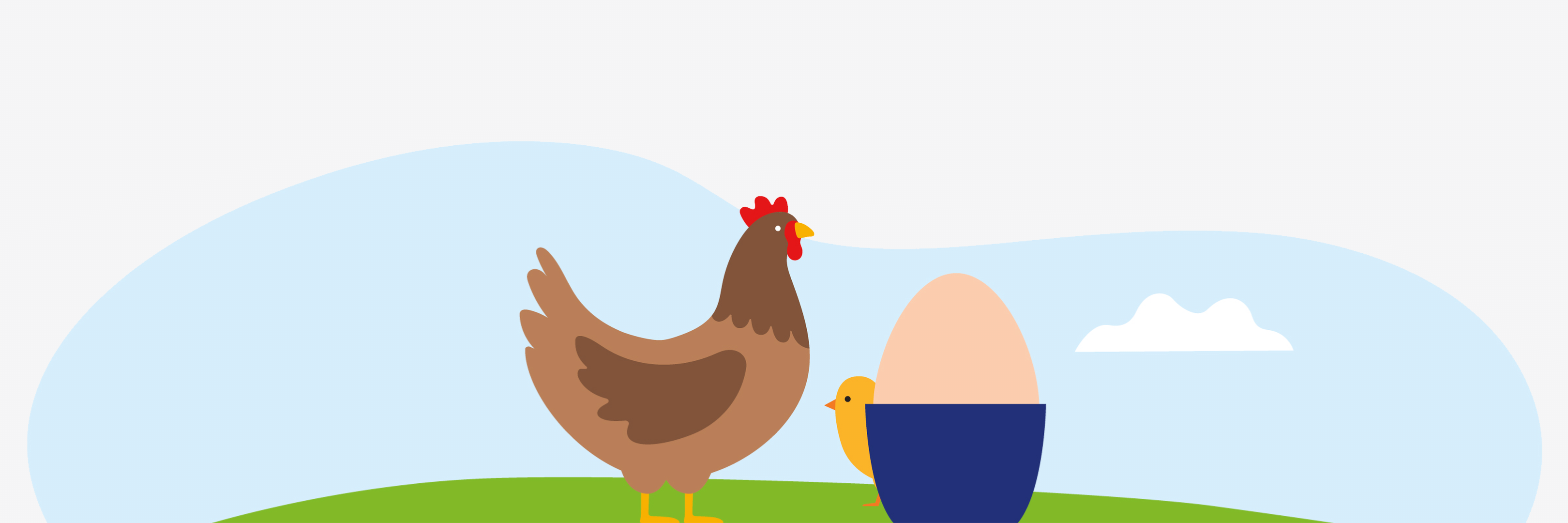 Eine Grafik von einem Huhn, Küken und Ei auf einer Wiese.