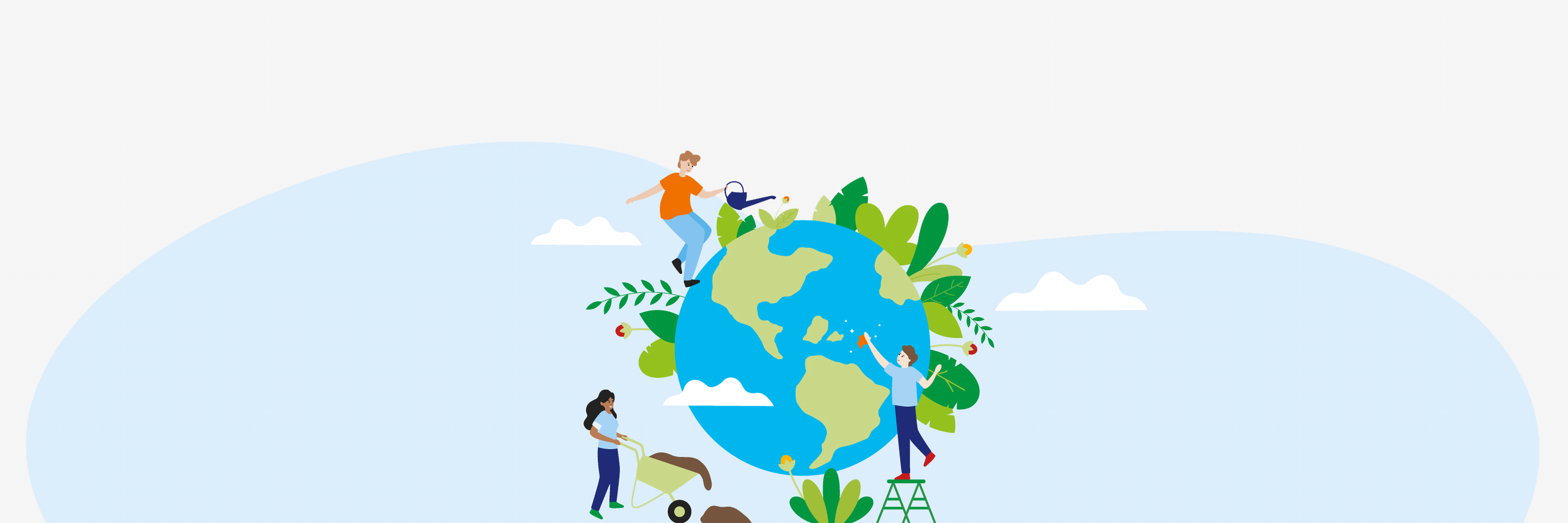 Grafik mit Menschen, die auf der Erdkugel gärtnern.