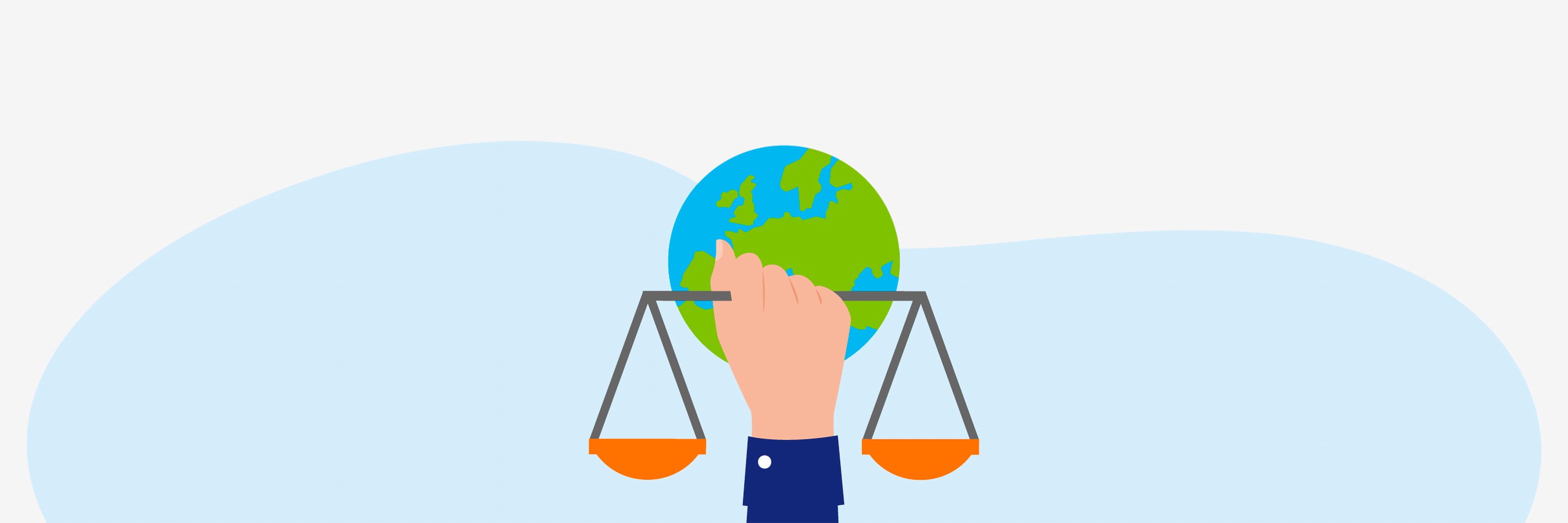 Grafik einer Hand, die eine Waage vor dem Globus der Erde hält.