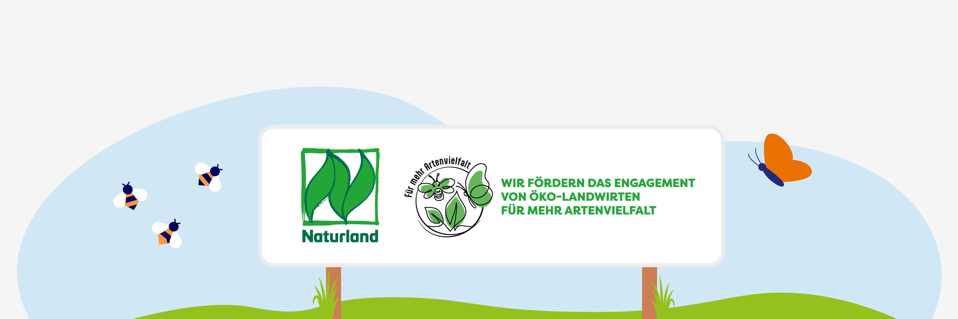 Illustration eines Schilds mit dem Naturland Logo, neben dem Bienen und ein Schmetterling fliegen.