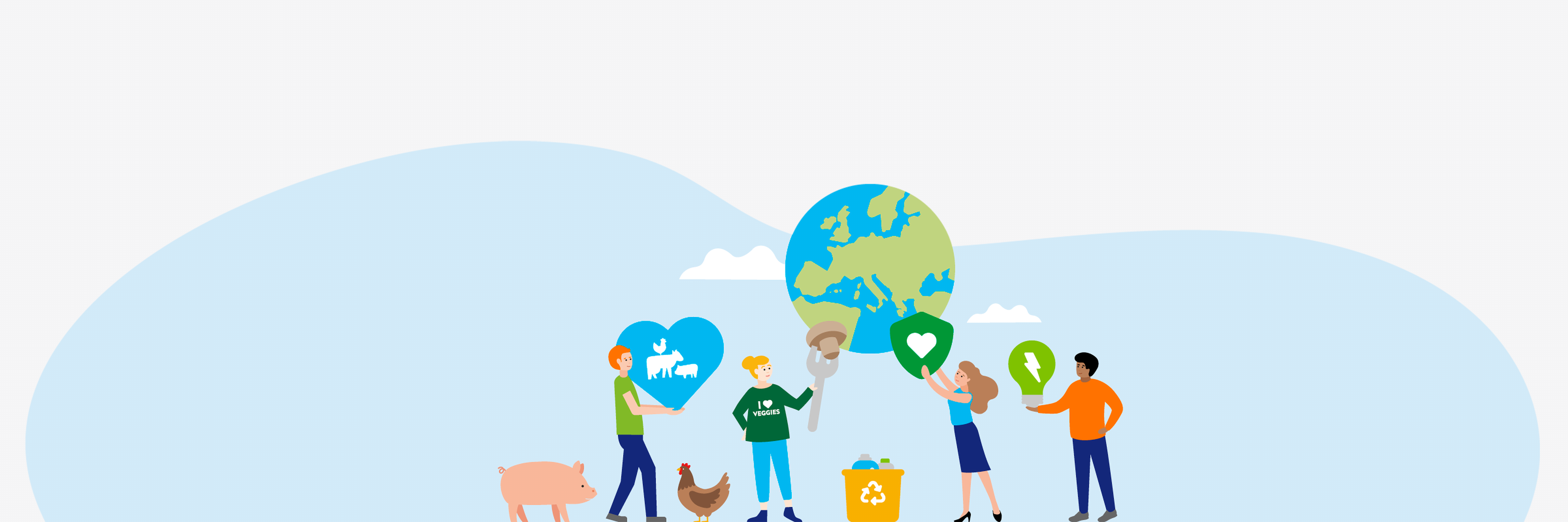 Personen halten Symbole für Tierschutz, Recycling und grüne Energie vor einer Weltkugel hoch. Im Vordergrund ein Schwein